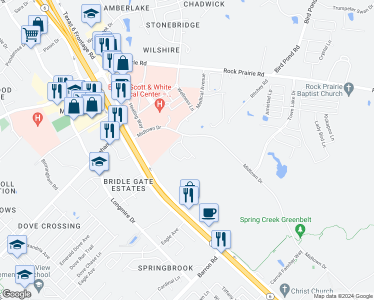 map of restaurants, bars, coffee shops, grocery stores, and more near 4005 Sh-6 South in College Station