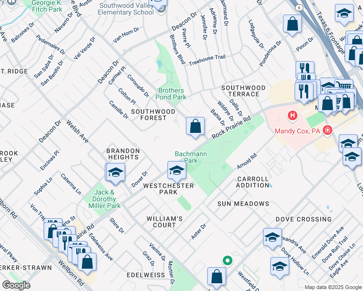map of restaurants, bars, coffee shops, grocery stores, and more near 1105 Rock Prairie Road in College Station