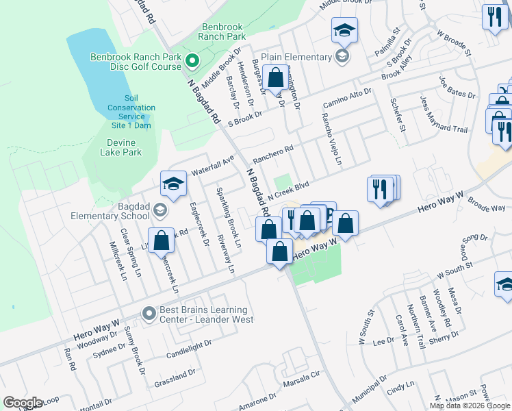 map of restaurants, bars, coffee shops, grocery stores, and more near 665 North Bagdad Road in Leander