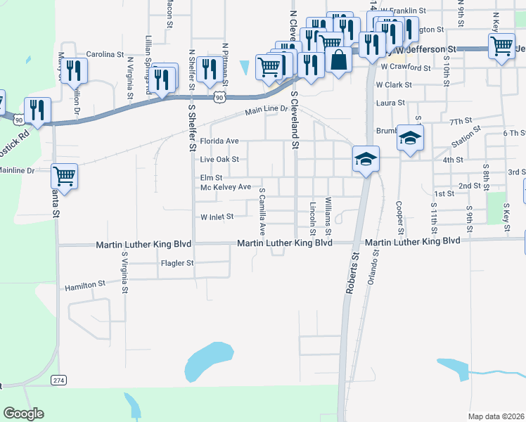 map of restaurants, bars, coffee shops, grocery stores, and more near South Camilla Avenue in Quincy