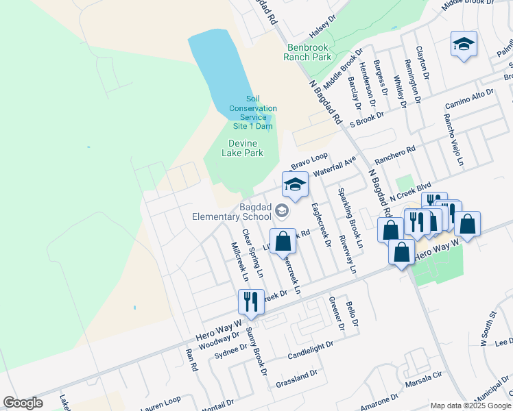 map of restaurants, bars, coffee shops, grocery stores, and more near 803 Deercreek Lane in Leander