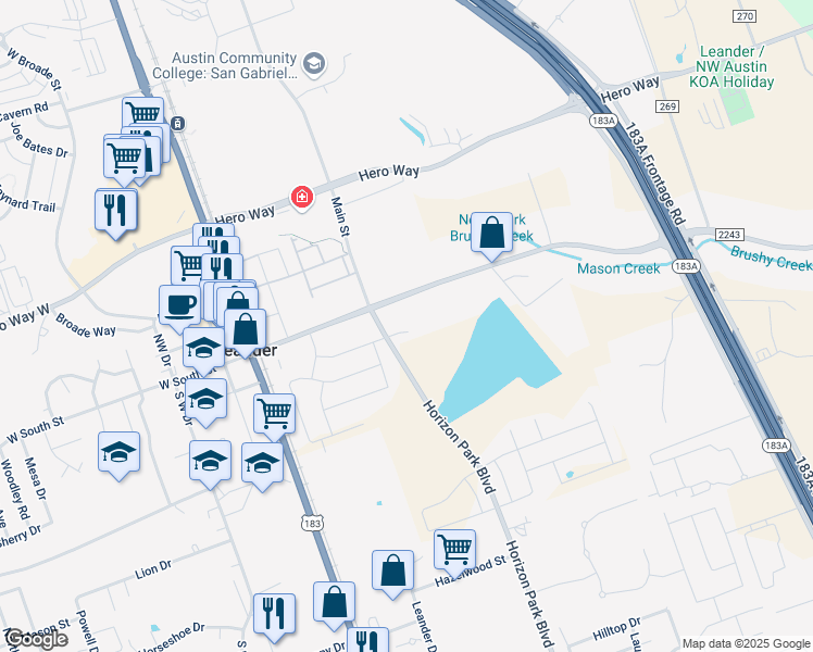 map of restaurants, bars, coffee shops, grocery stores, and more near 1682 Horizon Park Boulevard in Leander