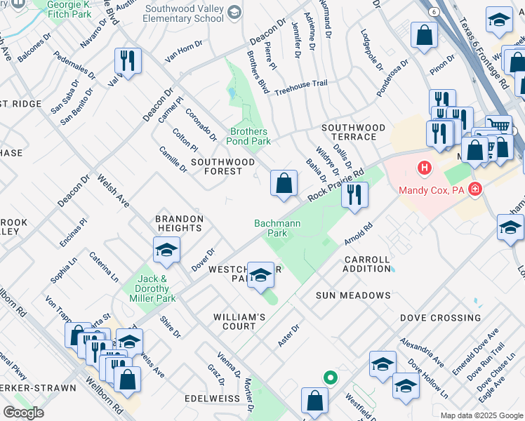 map of restaurants, bars, coffee shops, grocery stores, and more near 1105 Rock Prairie Road in College Station