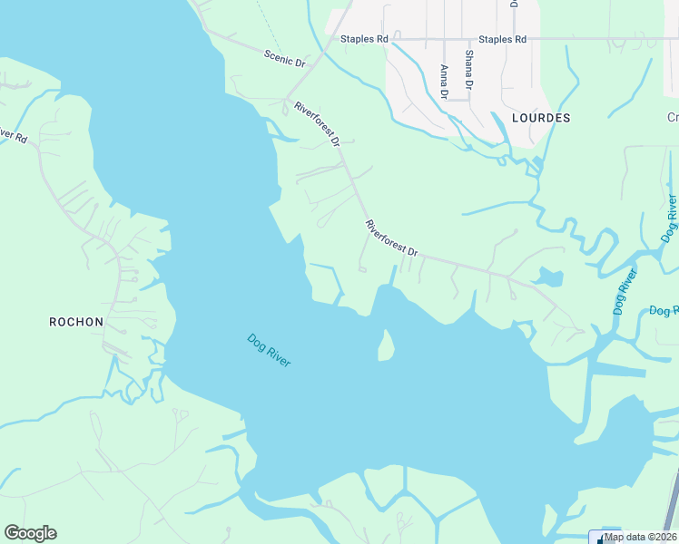 map of restaurants, bars, coffee shops, grocery stores, and more near 2321 Riverforest Drive in Mobile