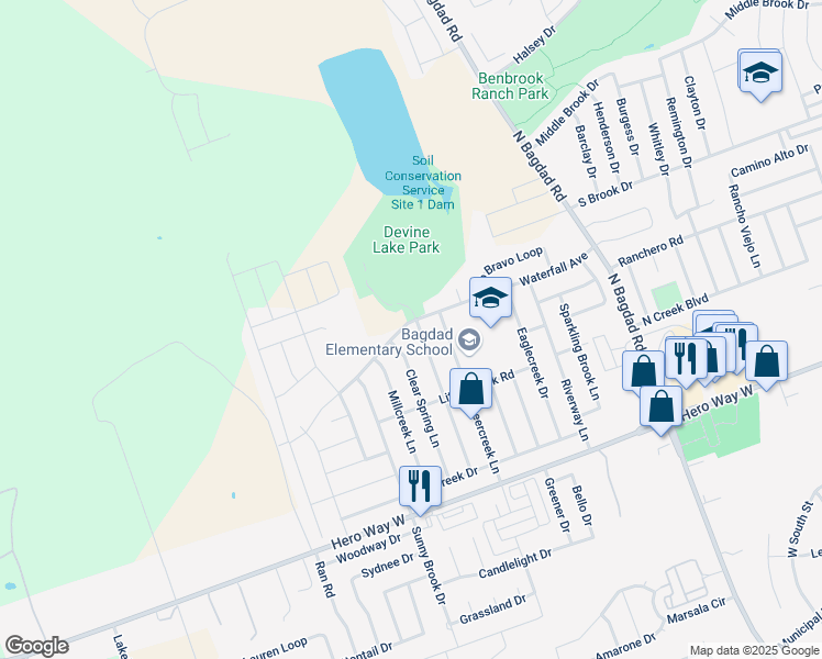 map of restaurants, bars, coffee shops, grocery stores, and more near 1810 Waterfall Avenue in Leander