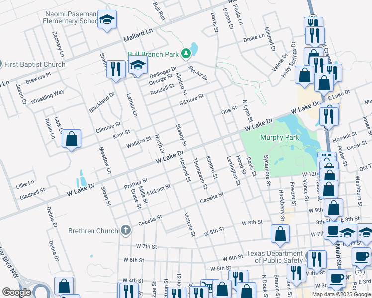 map of restaurants, bars, coffee shops, grocery stores, and more near 1417 Howard Street in Taylor