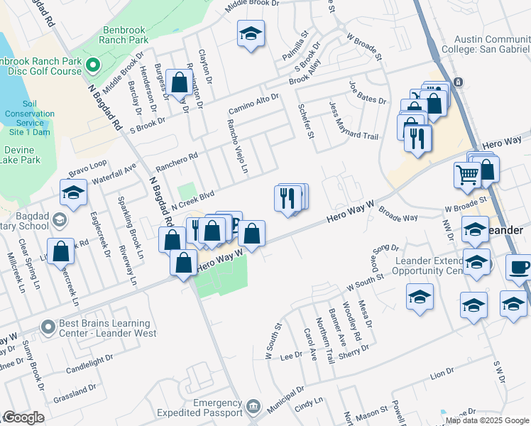 map of restaurants, bars, coffee shops, grocery stores, and more near 11800 Hero Way West in Leander