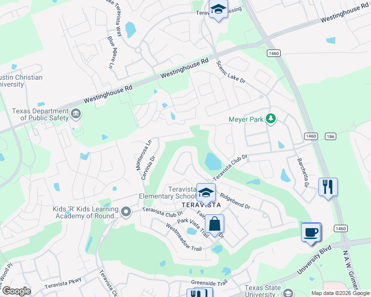 map of restaurants, bars, coffee shops, grocery stores, and more near 4521 Sansone Drive in Round Rock