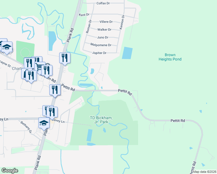 map of restaurants, bars, coffee shops, grocery stores, and more near 6980 Pettit Road in Baker