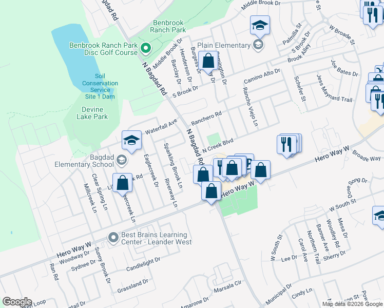 map of restaurants, bars, coffee shops, grocery stores, and more near 665 North Bagdad Road in Leander