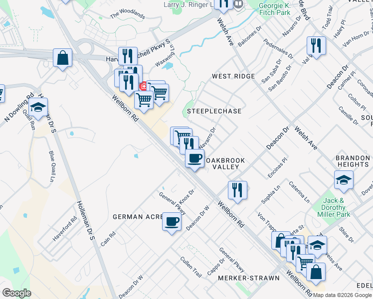 map of restaurants, bars, coffee shops, grocery stores, and more near 257 Navarro Drive in College Station