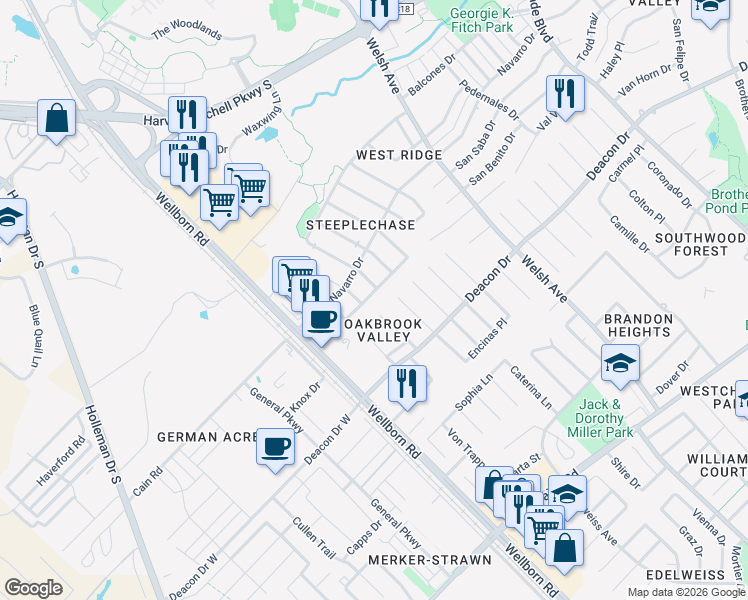 map of restaurants, bars, coffee shops, grocery stores, and more near 2404 Trace Meadows in College Station