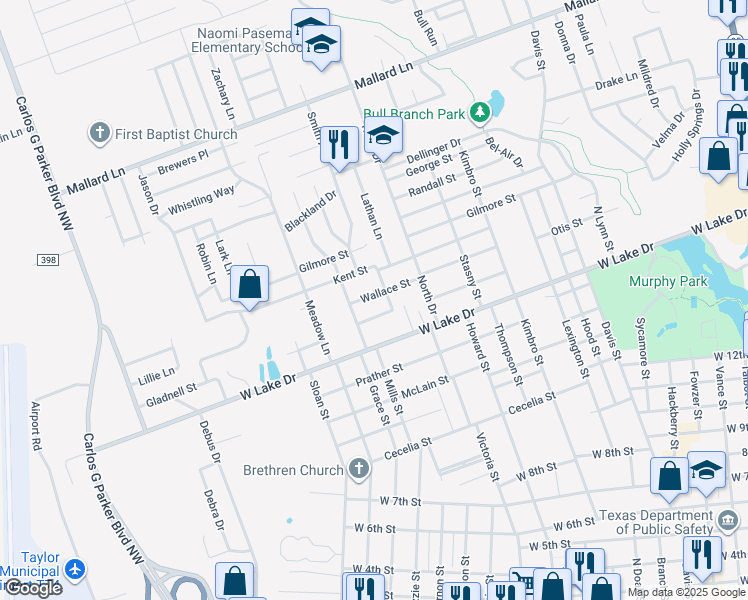 map of restaurants, bars, coffee shops, grocery stores, and more near 1405 Wallace Street in Taylor