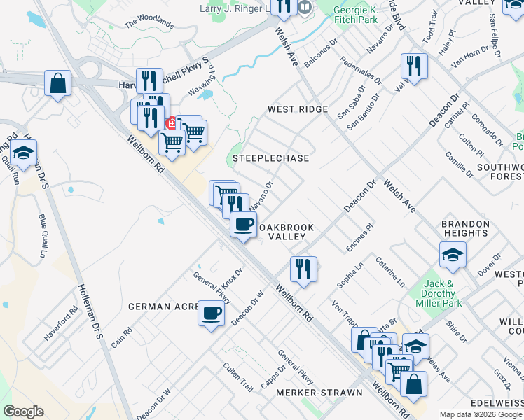 map of restaurants, bars, coffee shops, grocery stores, and more near 2404 Trace Meadows in College Station