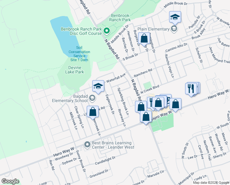 map of restaurants, bars, coffee shops, grocery stores, and more near 805 Sparkling Brook Lane in Leander