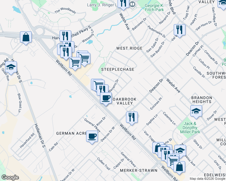 map of restaurants, bars, coffee shops, grocery stores, and more near 2400 Axis Court in College Station