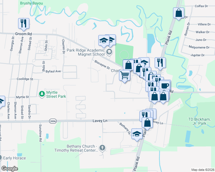 map of restaurants, bars, coffee shops, grocery stores, and more near 912 Paola Street in Baker