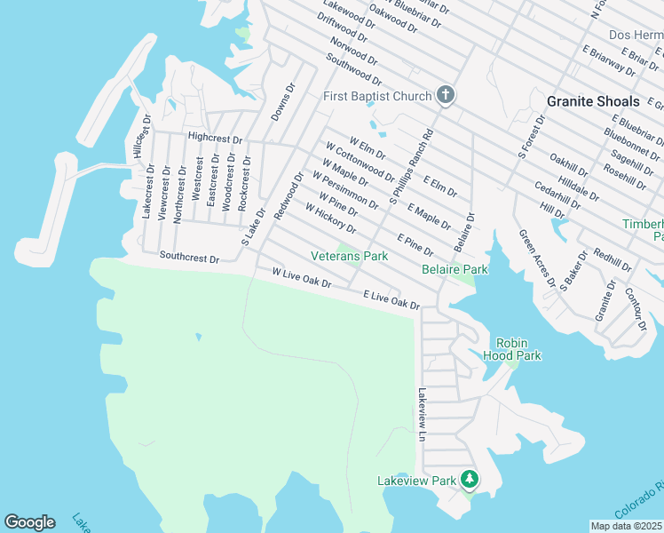 map of restaurants, bars, coffee shops, grocery stores, and more near 113 West Cedar Drive in Marble Falls