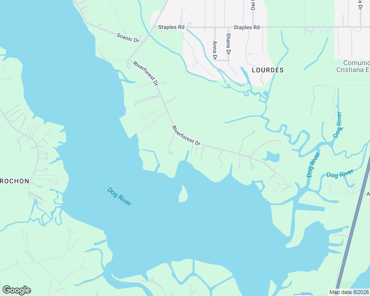 map of restaurants, bars, coffee shops, grocery stores, and more near 2301 Riverforest Drive in Mobile