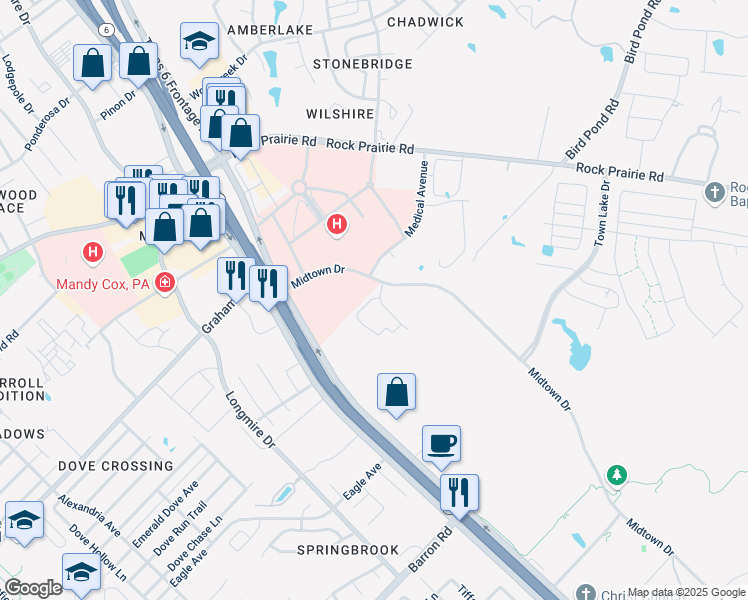 map of restaurants, bars, coffee shops, grocery stores, and more near Lakeway Drive in College Station
