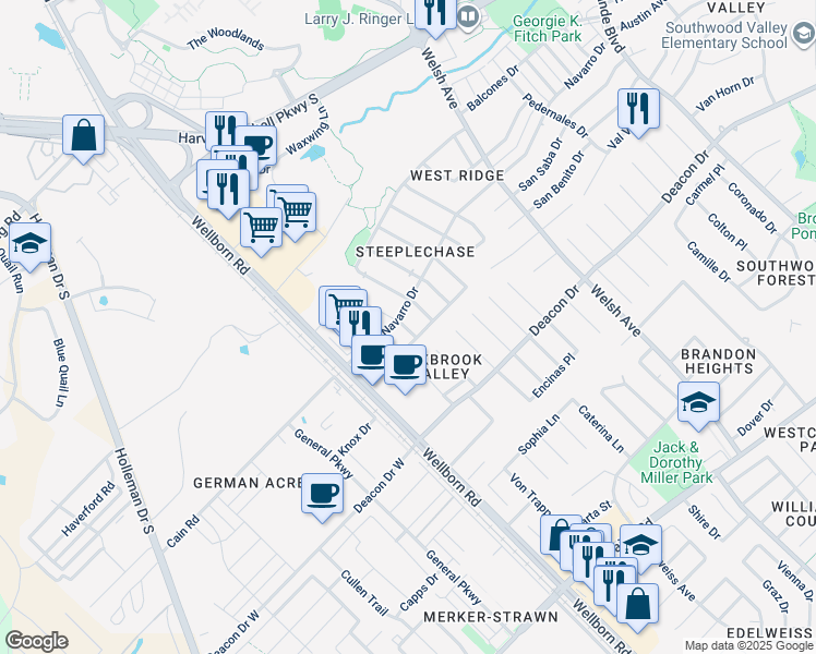 map of restaurants, bars, coffee shops, grocery stores, and more near 2404 Trace Meadows in College Station