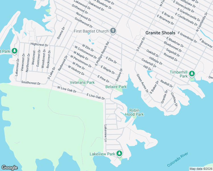 map of restaurants, bars, coffee shops, grocery stores, and more near 135 East Hickory Drive in Granite Shoals