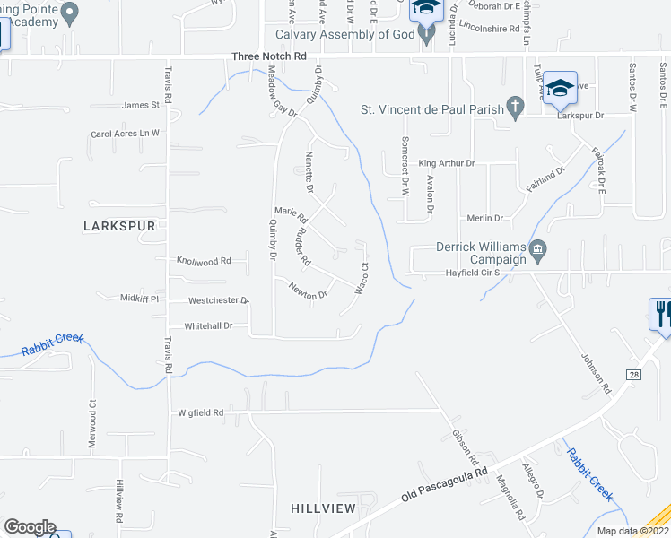 map of restaurants, bars, coffee shops, grocery stores, and more near 5339 Rudder Road in Mobile