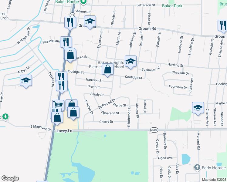 map of restaurants, bars, coffee shops, grocery stores, and more near 514 Myrtle Street in Baker