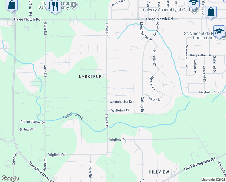 map of restaurants, bars, coffee shops, grocery stores, and more near 7218 Knollwood Road in Mobile