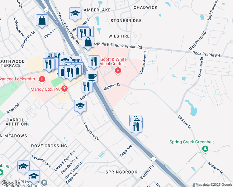 map of restaurants, bars, coffee shops, grocery stores, and more near 4005 Sh-6 South in College Station