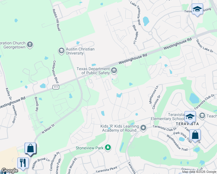 map of restaurants, bars, coffee shops, grocery stores, and more near 1100 County Road 111 in Georgetown