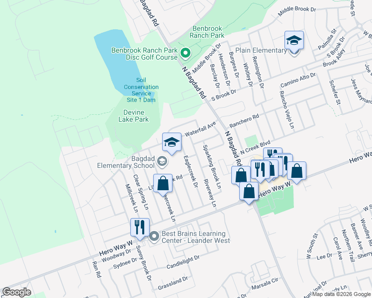map of restaurants, bars, coffee shops, grocery stores, and more near 806 Eaglecreek Drive in Leander