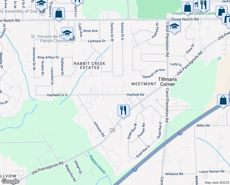 map of restaurants, bars, coffee shops, grocery stores, and more near 6354 Hayfield Road in Theodore