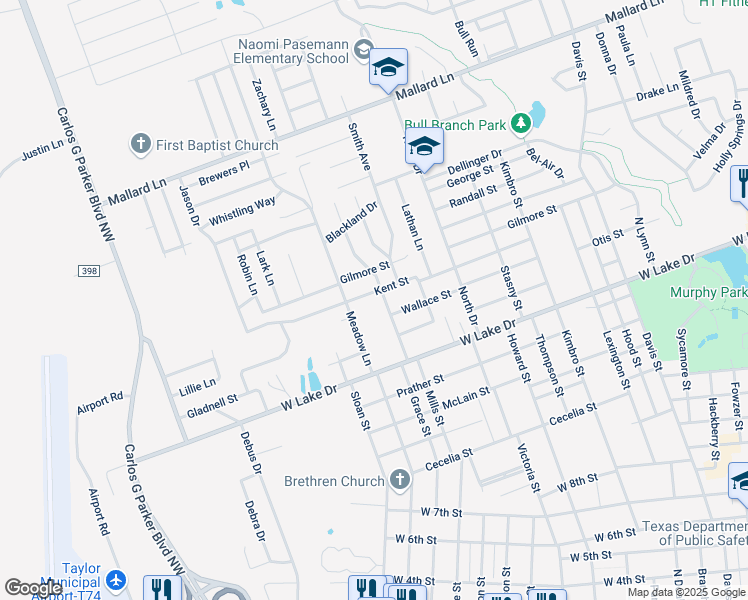 map of restaurants, bars, coffee shops, grocery stores, and more near 1501 Kent Street in Taylor