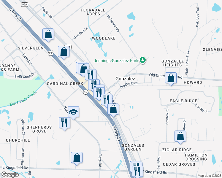 map of restaurants, bars, coffee shops, grocery stores, and more near 1500 Pauline Street in Cantonment