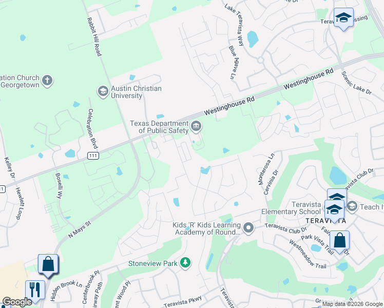 map of restaurants, bars, coffee shops, grocery stores, and more near 1100 County Road 111 in Georgetown