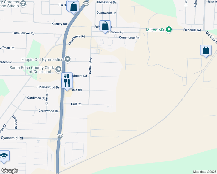 map of restaurants, bars, coffee shops, grocery stores, and more near 5868 Ibis Road in Milton