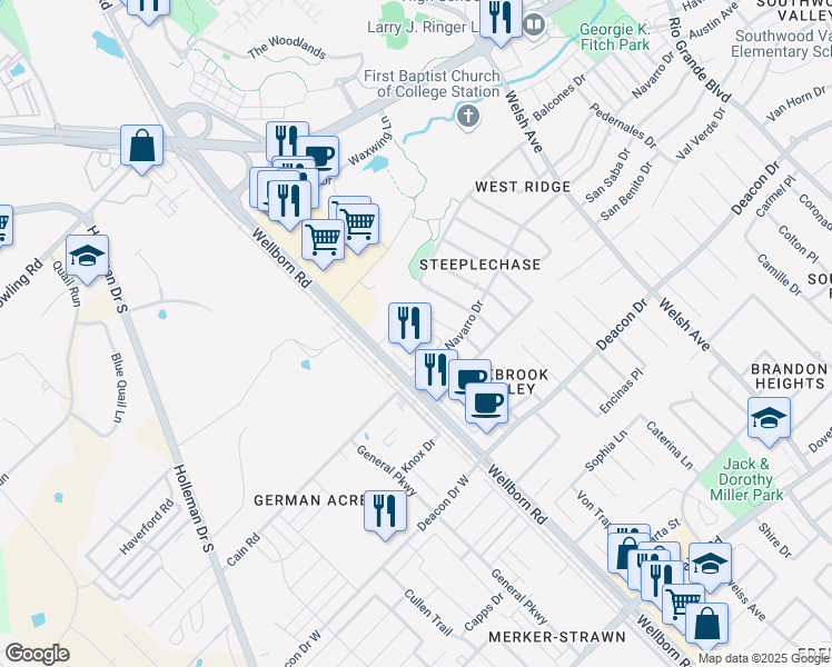 map of restaurants, bars, coffee shops, grocery stores, and more near 253 Navarro Drive in College Station
