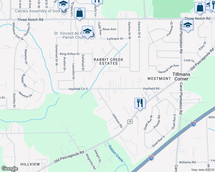 map of restaurants, bars, coffee shops, grocery stores, and more near 6468 Hayfield Road in Theodore