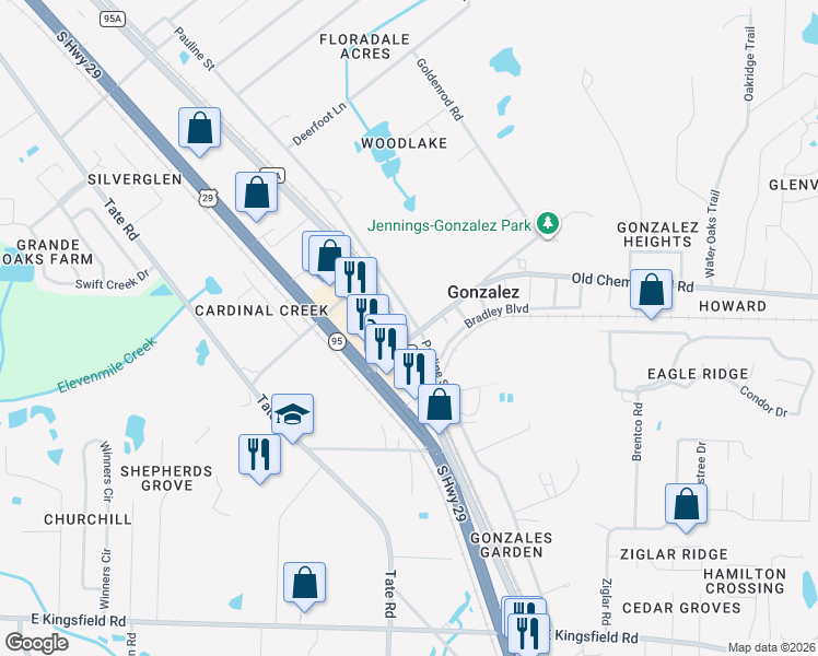 map of restaurants, bars, coffee shops, grocery stores, and more near 1500 Pauline Street in Gonzalez