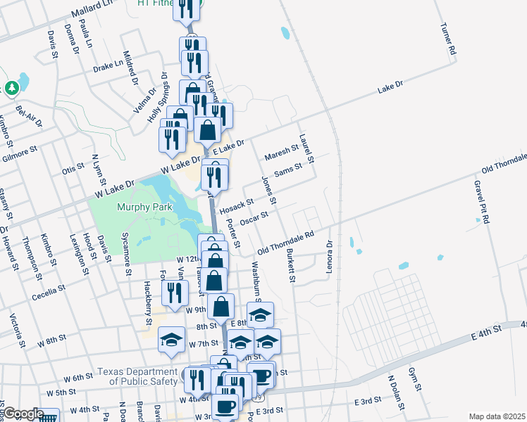 map of restaurants, bars, coffee shops, grocery stores, and more near 1401 Jones Street in Taylor