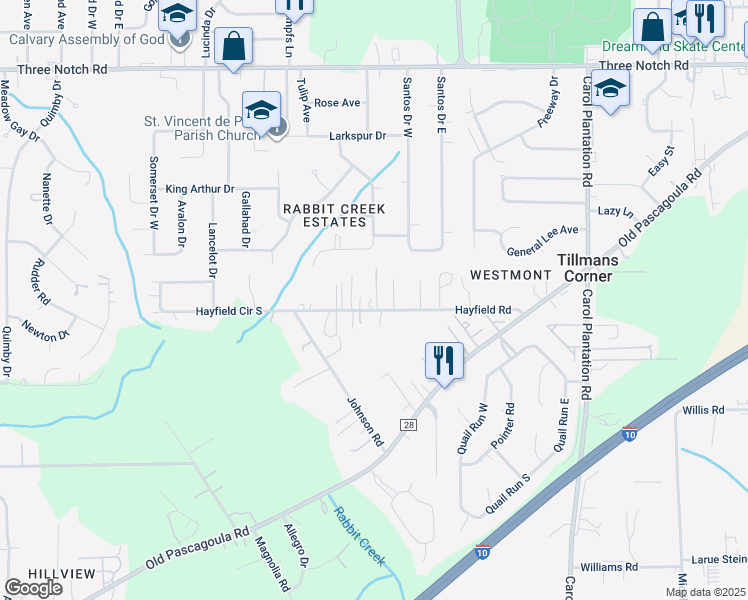 map of restaurants, bars, coffee shops, grocery stores, and more near 6428 Hayfield Road in Theodore
