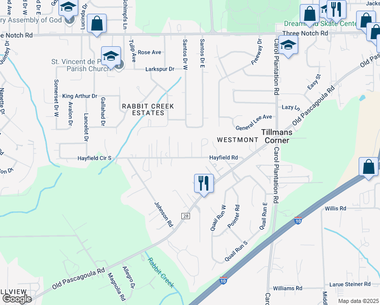 map of restaurants, bars, coffee shops, grocery stores, and more near 6354 Hayfield Road in Theodore