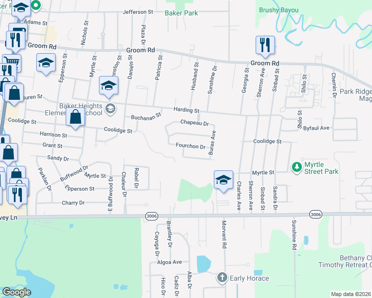 map of restaurants, bars, coffee shops, grocery stores, and more near 4406 Fourchon Drive in Baker
