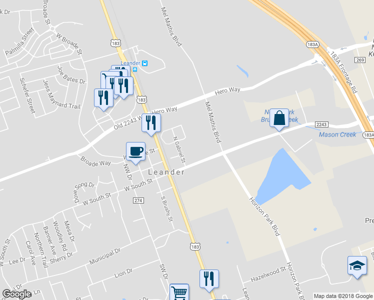 map of restaurants, bars, coffee shops, grocery stores, and more near 200 North East Street in Leander