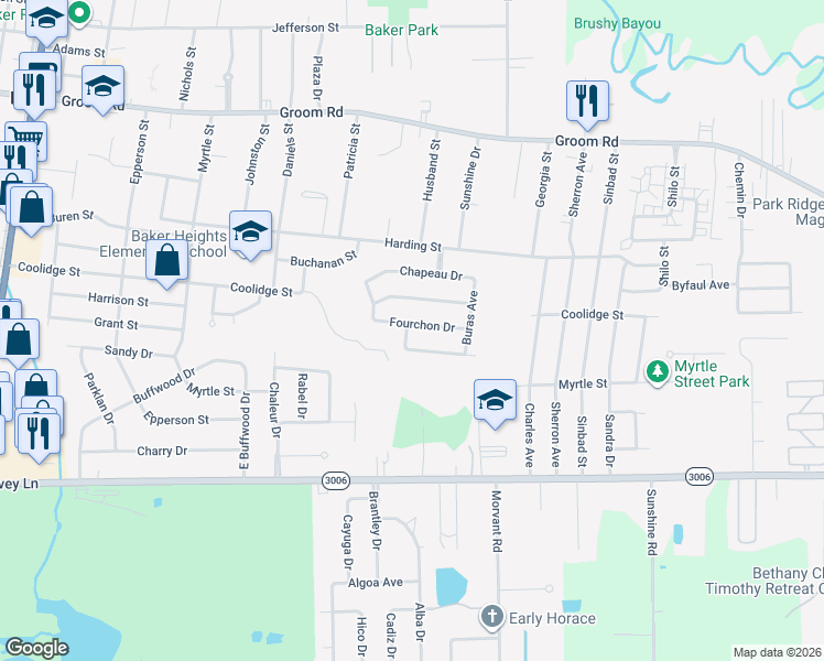 map of restaurants, bars, coffee shops, grocery stores, and more near 4406 Fourchon Drive in Baker