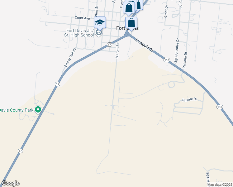 map of restaurants, bars, coffee shops, grocery stores, and more near 740 South Front Street in Fort Davis