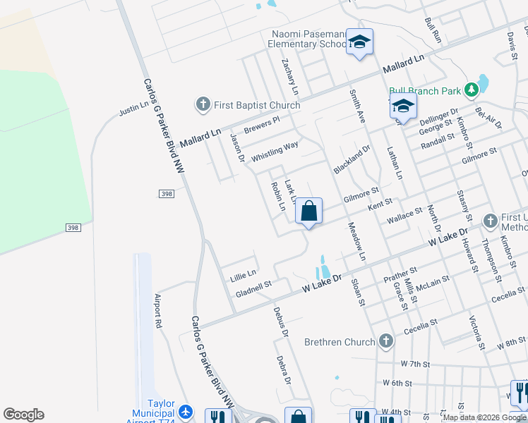 map of restaurants, bars, coffee shops, grocery stores, and more near 2105 Jason Drive in Taylor