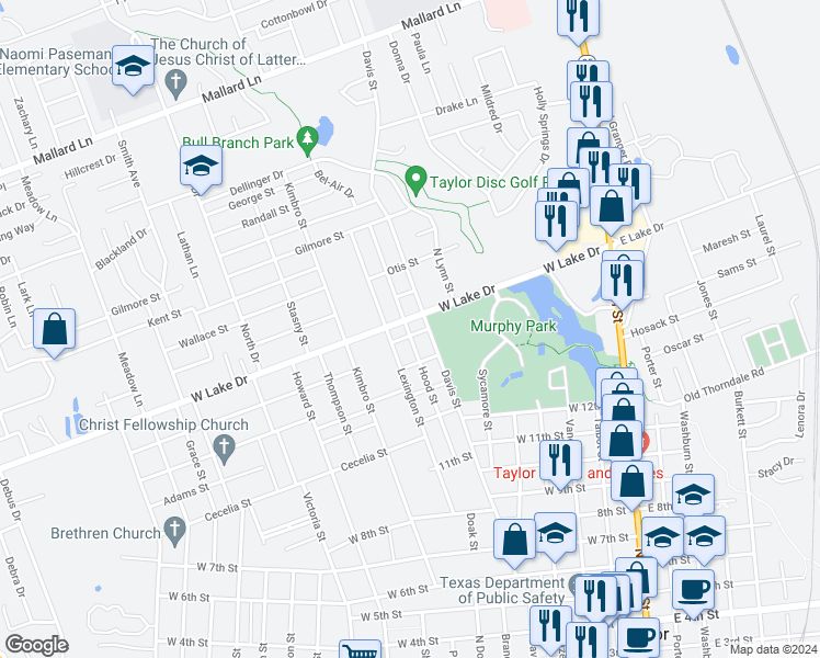 map of restaurants, bars, coffee shops, grocery stores, and more near 714 Burns Street in Taylor