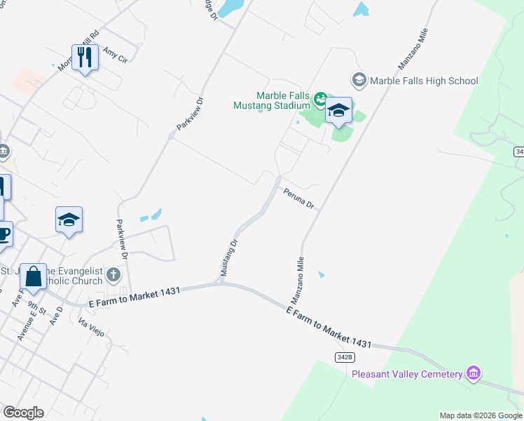 map of restaurants, bars, coffee shops, grocery stores, and more near Mustang Drive in Marble Falls